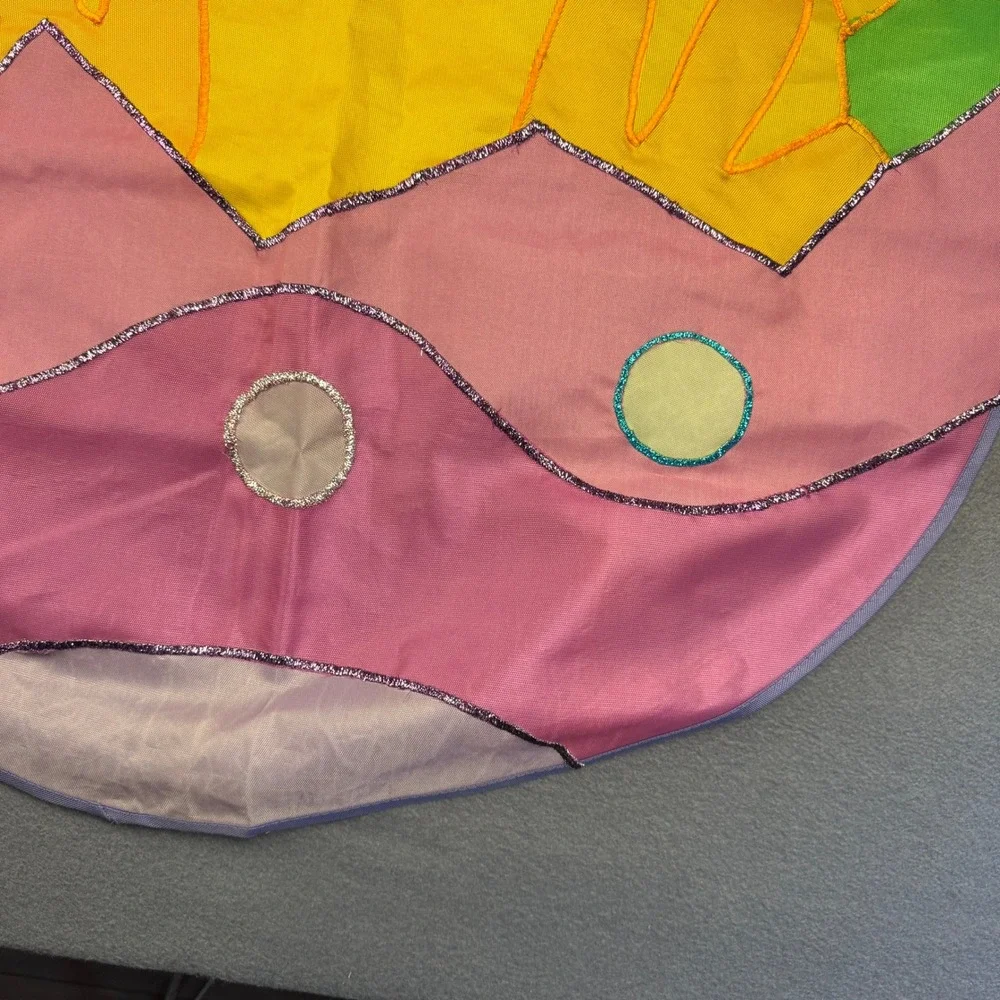 Vtg Happy Easter Chick Chicken Egg Colorful Outdoor Nylon Flag w Metallic Accent